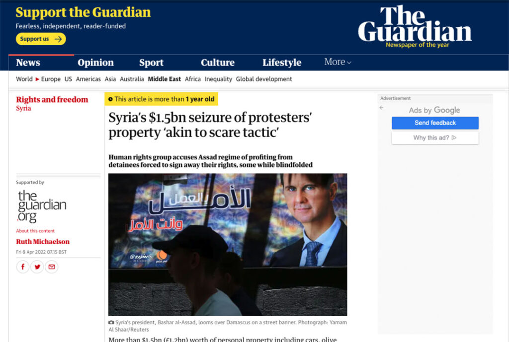 Guardian coverage of confiscation of assets from Syrian detainees